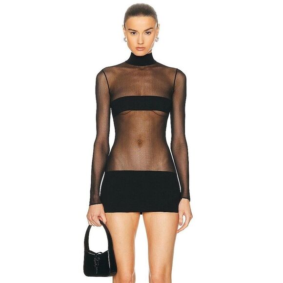 NEW NWT MONOT Contrasting Bands Mini Dress in Black FWRD sheer mesh long sleeve - Picture 1 of 8